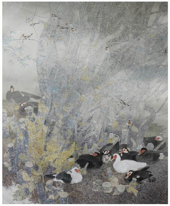 邓海林《竹林集禽图》，中国画，240X200cm，2020年