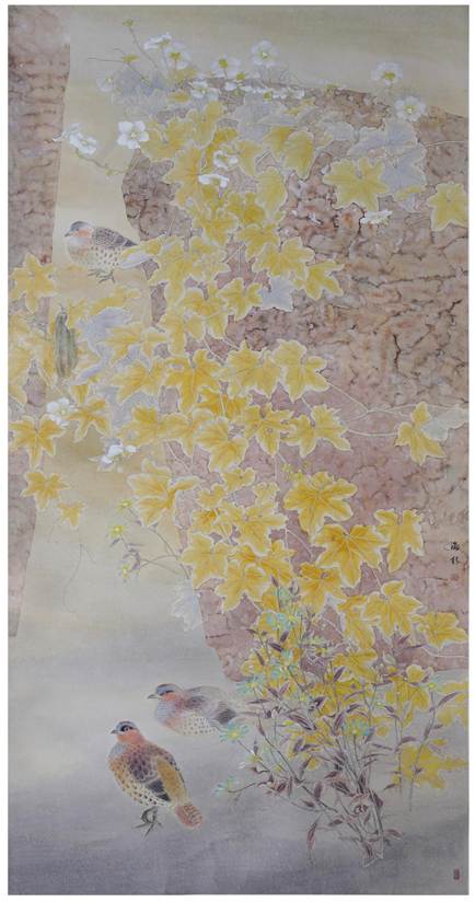 邓海林 《秋郊野禽图》 240cm×122cm，2018年